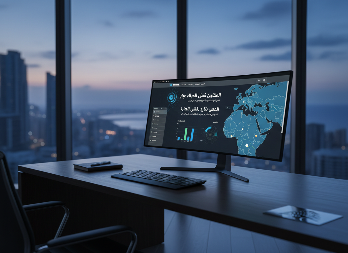 A sleek, modern news editor’s desk with a large ultra-thin monitor displaying a clean Arabic political news homepage, subtle charts of election results, and a live map of the Arab world. The desk surface is dark matte wood with a minimalist keyboard, a closed notebook, and a small Lebanese cedar emblem in metal. The setting is a high-rise office overlooking a blurred cityscape of towers and distant coastline at dusk. Cool, diffused evening light mixes with the soft glow of the monitor, creating a focused, professional atmosphere. Photographic realism, shot at eye level with a shallow depth of field, emphasizing clarity, neutrality, and a serious editorial mood.