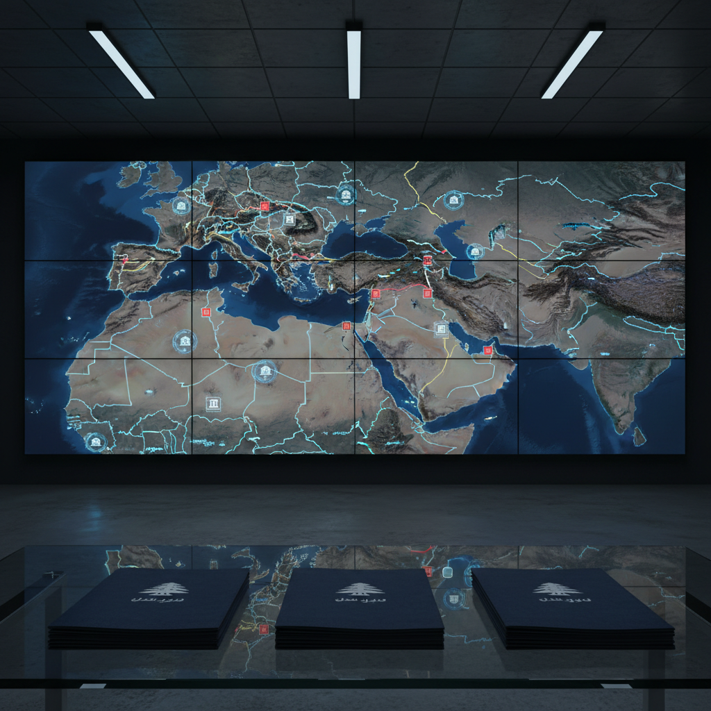An ultra-detailed wall-sized digital map of the Middle East and Lebanon, rendered on multiple seamlessly aligned screens in a dim, modern monitoring room. Bright, precise borders glow in blues and reds, with animated icons indicating parliaments, embassies, and energy routes. A slim glass table in the foreground holds neatly stacked briefing folders stamped with a minimal cedar symbol and the word "سياسة" in clean Arabic typography. Cool, low-key lighting from ceiling panels and the map screens creates soft reflections on the glass, evoking a strategic, analytical atmosphere. Photographic realism, wide-angle composition with deep focus, conveying calm, professional geopolitical monitoring.
